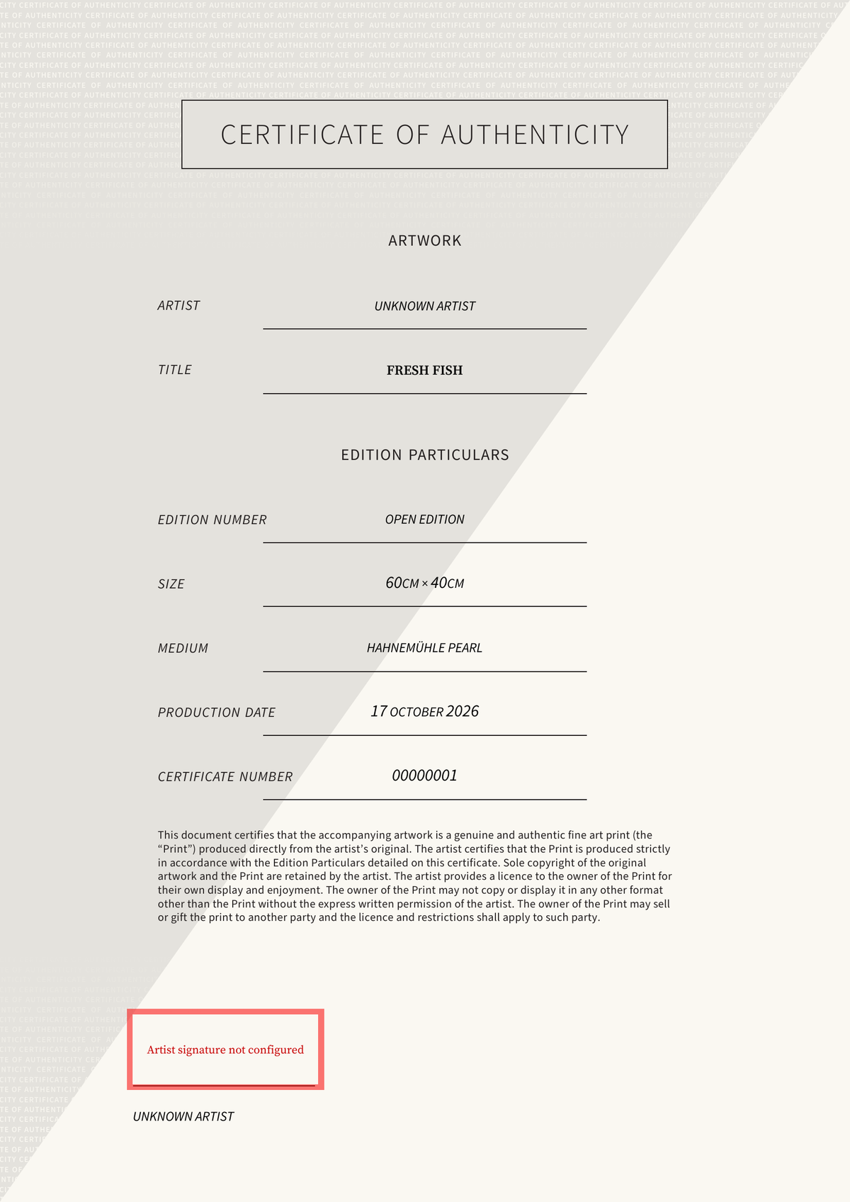 Fresh Fish — Certificate of Authenticity